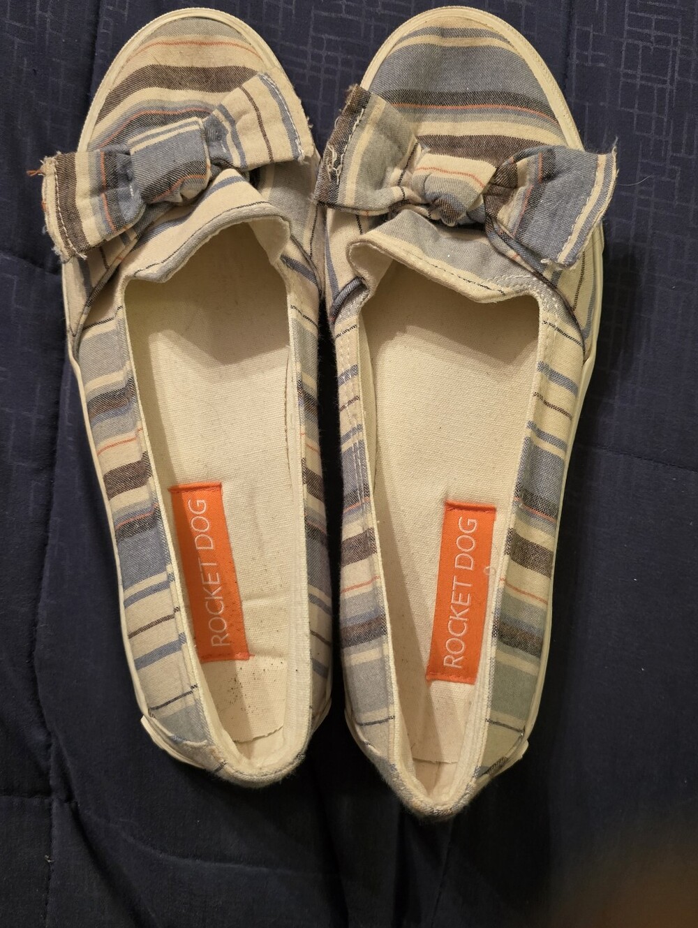 Rocket Dog Cream and Blue Striped Canvas Slip-On Flats